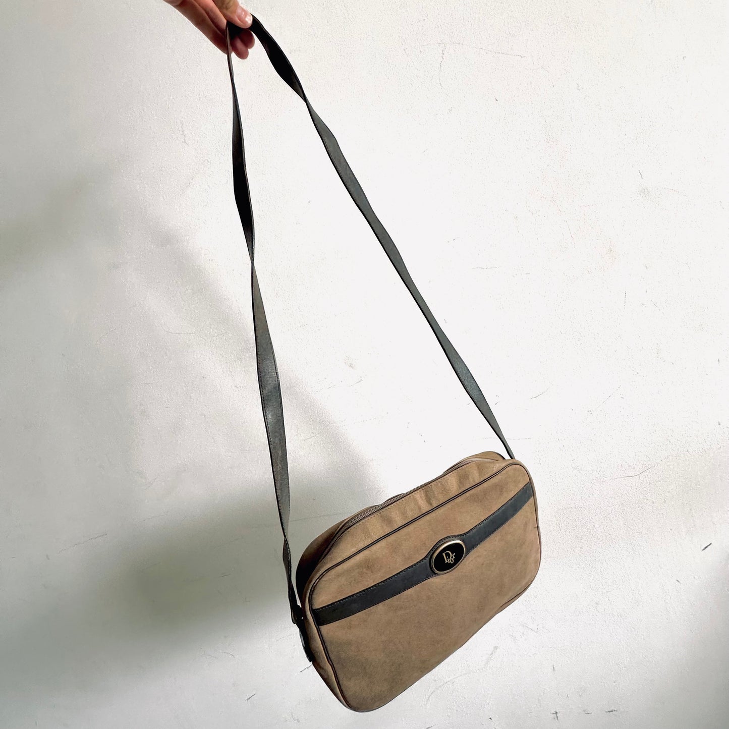 Christian Dior CD Taupe Brown GHW Giant Monogram Logo Suede Vintage Shoulder Sling Bag