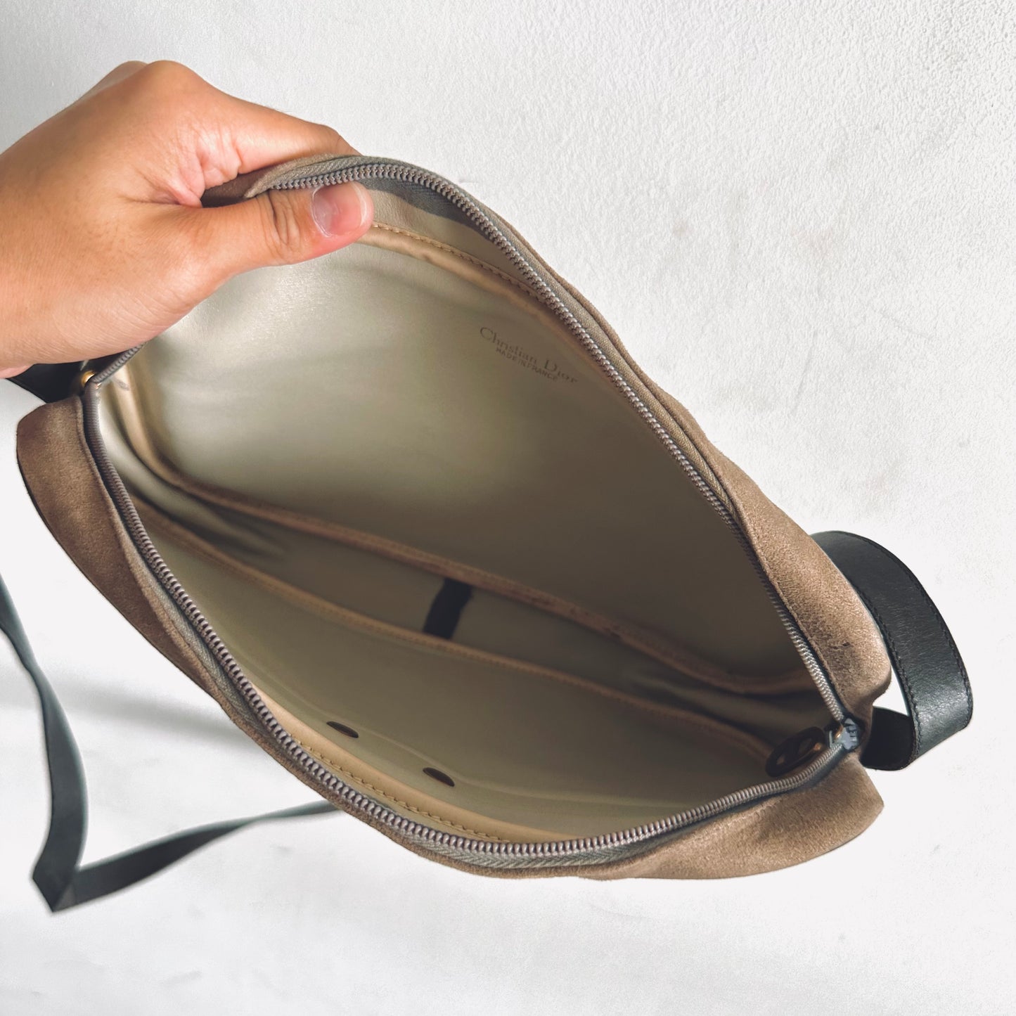Christian Dior CD Taupe Brown GHW Giant Monogram Logo Suede Vintage Shoulder Sling Bag