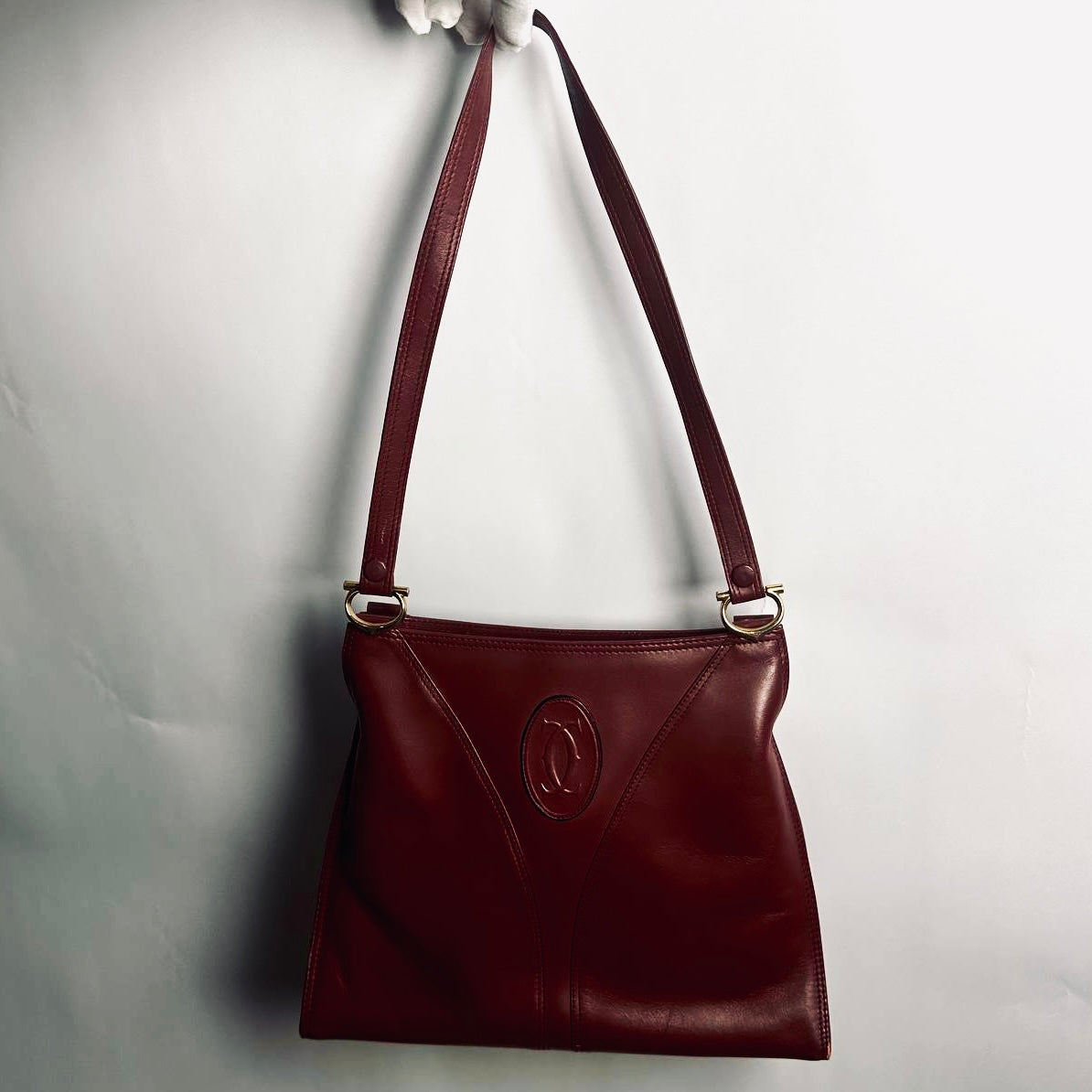 Cartier Must / Mast de Cartier Burgundy Maroon Red GHW Monogram Logo Smooth Leather Shoulder Shopper Tote Bag