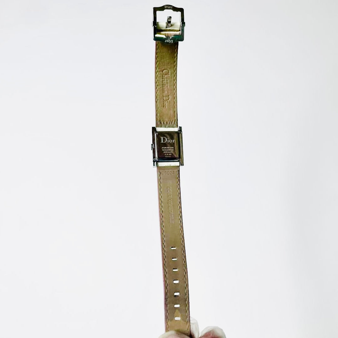 Christian Dior CD White Square Dial White Leather Strap / Pink Monogram Logo 20MM Watch