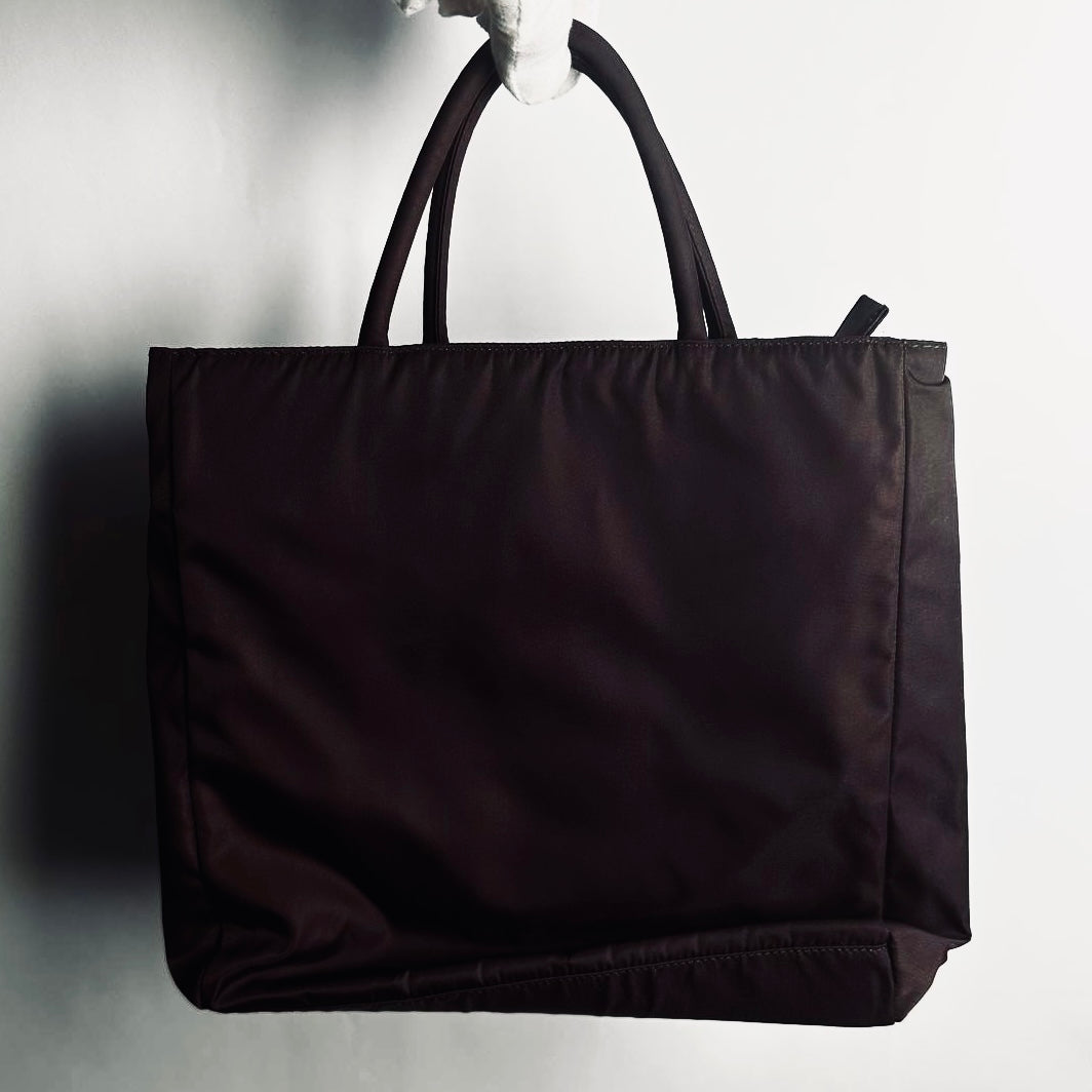 Prada Dark Burgundy Brown Tessuto City Monogram Logo Nylon Structured Shopper Tote Bag