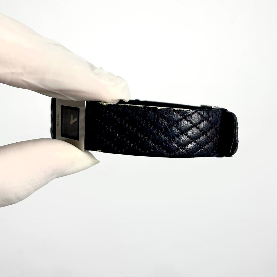 Chanel CC Monogram Logo Square Dial Stainless Steel Matelasse Black Leather Strap Quartz 22MM Watch