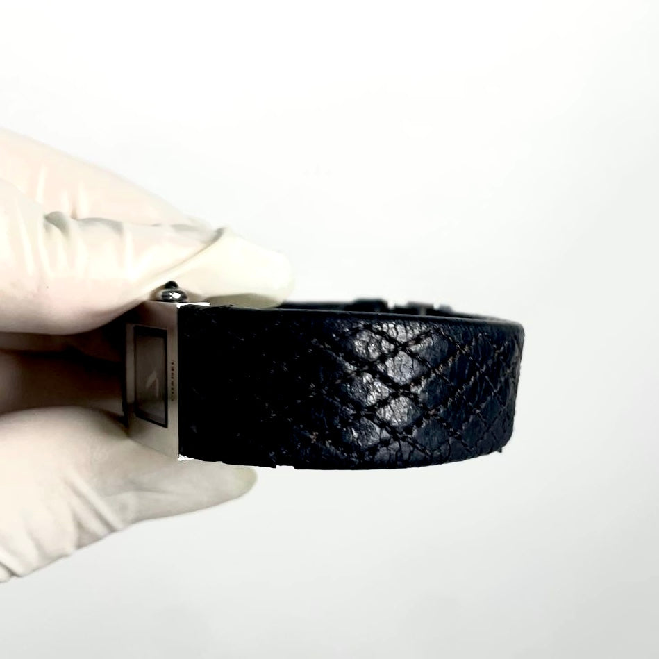 Chanel CC Monogram Logo Square Dial Stainless Steel Matelasse Black Leather Strap Quartz 22MM Watch