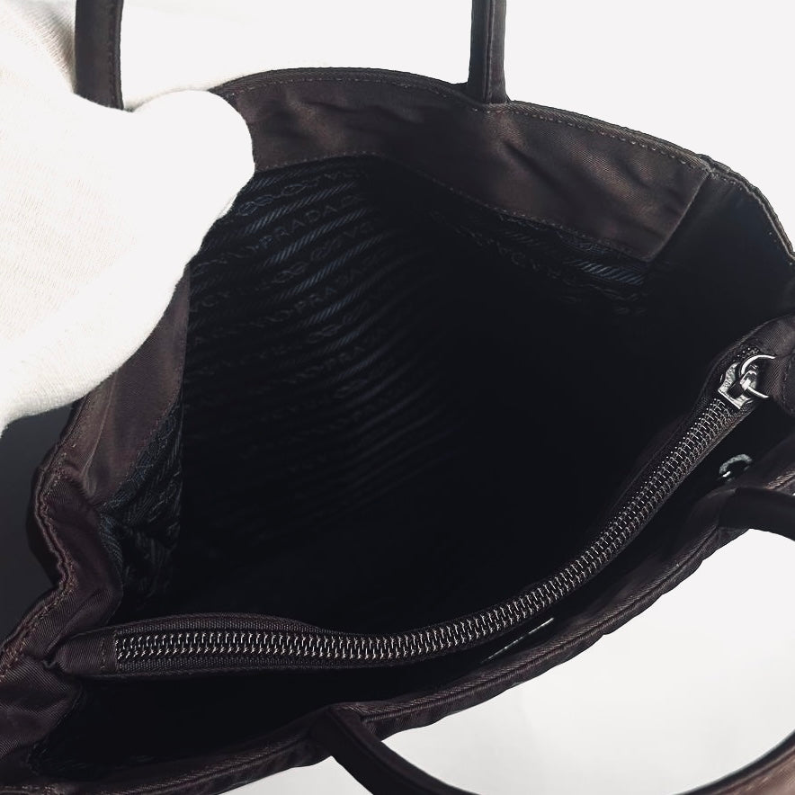 Prada Dark Burgundy Brown Tessuto City Monogram Logo Nylon Structured Shopper Tote Bag