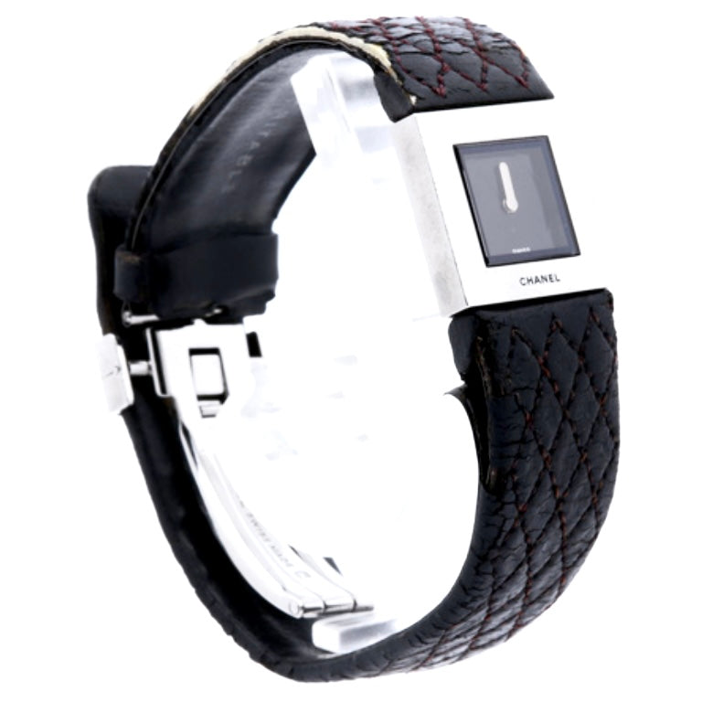 Chanel CC Monogram Logo Square Dial Stainless Steel Matelasse Black Leather Strap Quartz 22MM Watch