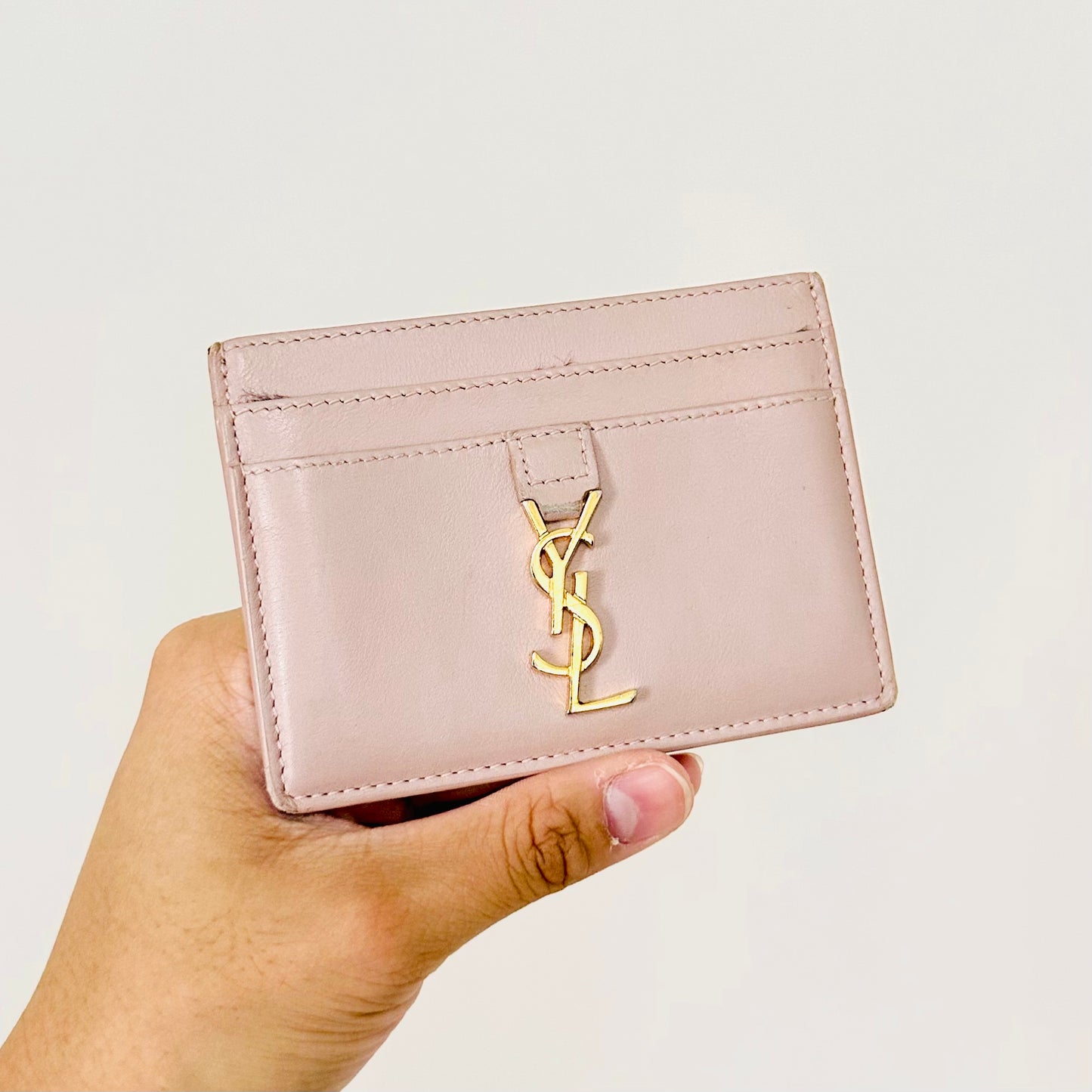 YSL Yves Saint Laurent Pale Pink GHW Cassandre Smooth Leather Cardholder Card Case Holder Wallet