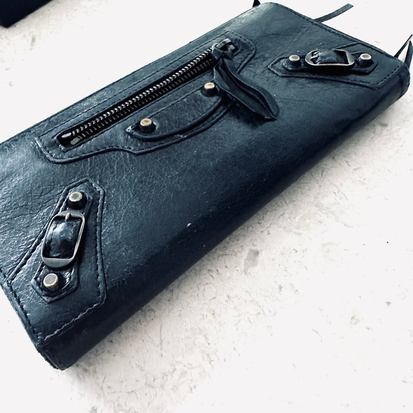 Balenciaga Navy Blue Giant City Silver Studs Leather Logo Zippy Long Wallet