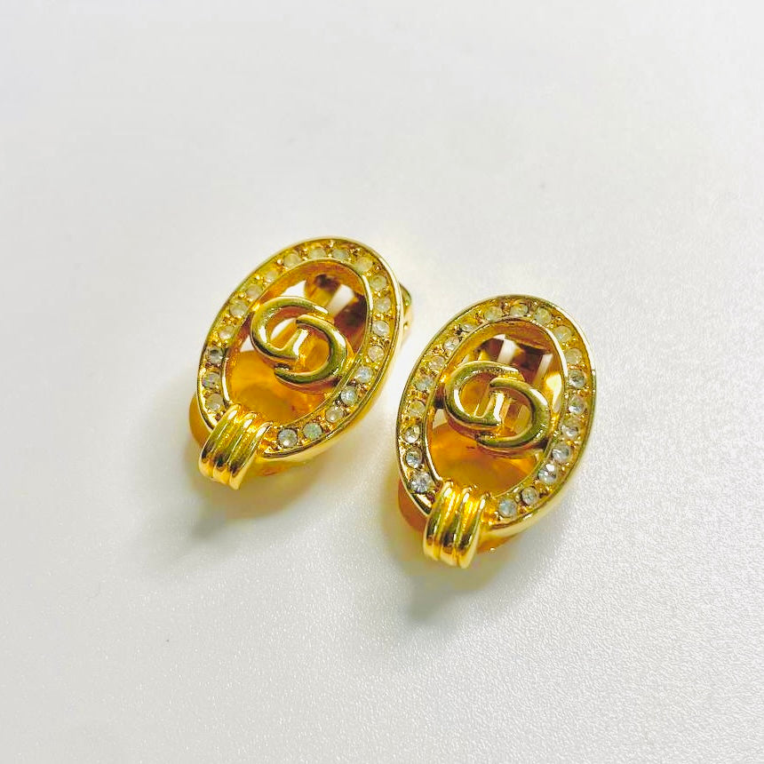 Christian Dior CD Monogram Logo Signature Classic Gold Crystals Oval Vintage Clip On Earrings