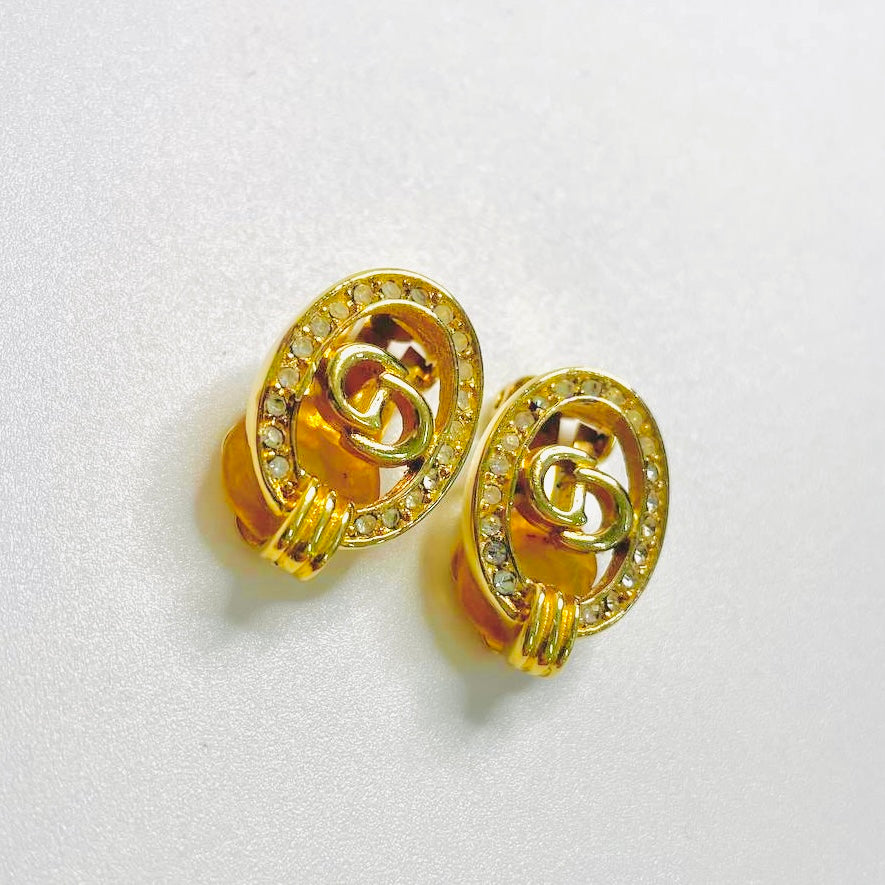 Christian Dior CD Monogram Logo Signature Classic Gold Crystals Oval Vintage Clip On Earrings