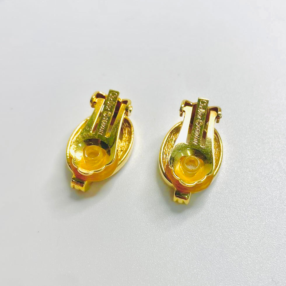 Christian Dior CD Monogram Logo Signature Classic Gold Crystals Oval Vintage Clip On Earrings