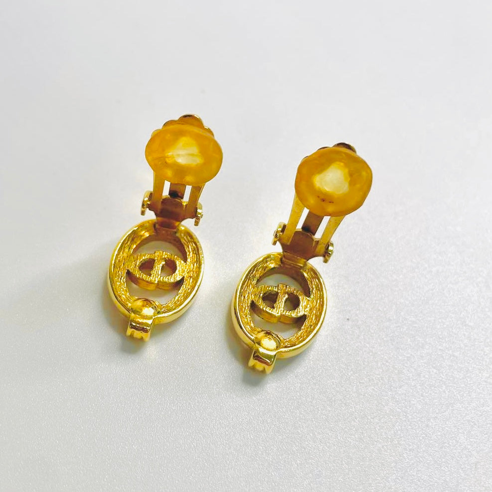 Christian Dior CD Monogram Logo Signature Classic Gold Crystals Oval Vintage Clip On Earrings