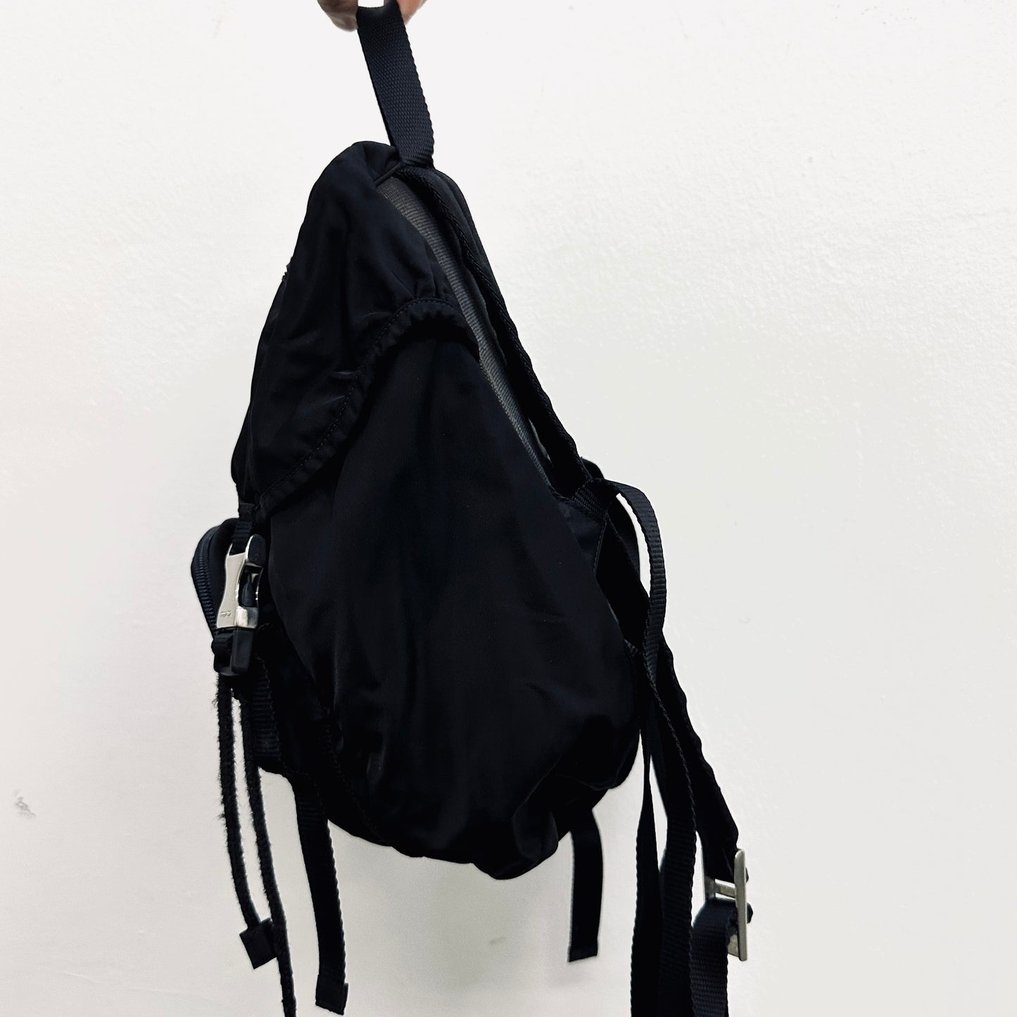 Prada Tessuto Black Classic Logo Nylon Flap Backpack Drawstring Bag