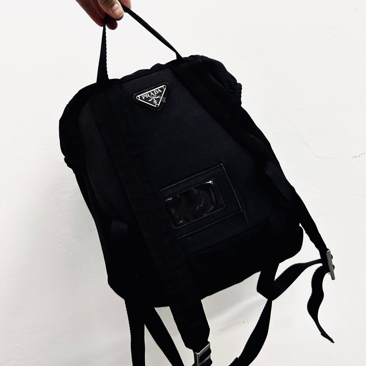 Prada Tessuto Black Classic Logo Nylon Flap Backpack Drawstring Bag