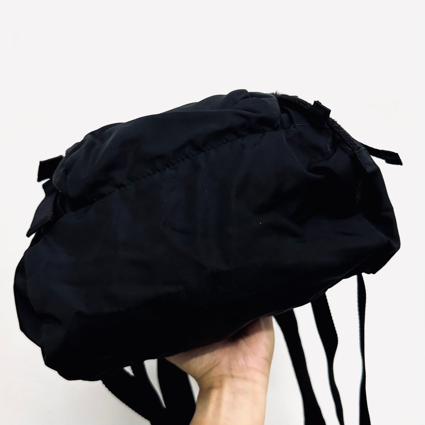 Prada Tessuto Black Classic Logo Nylon Flap Backpack Drawstring Bag