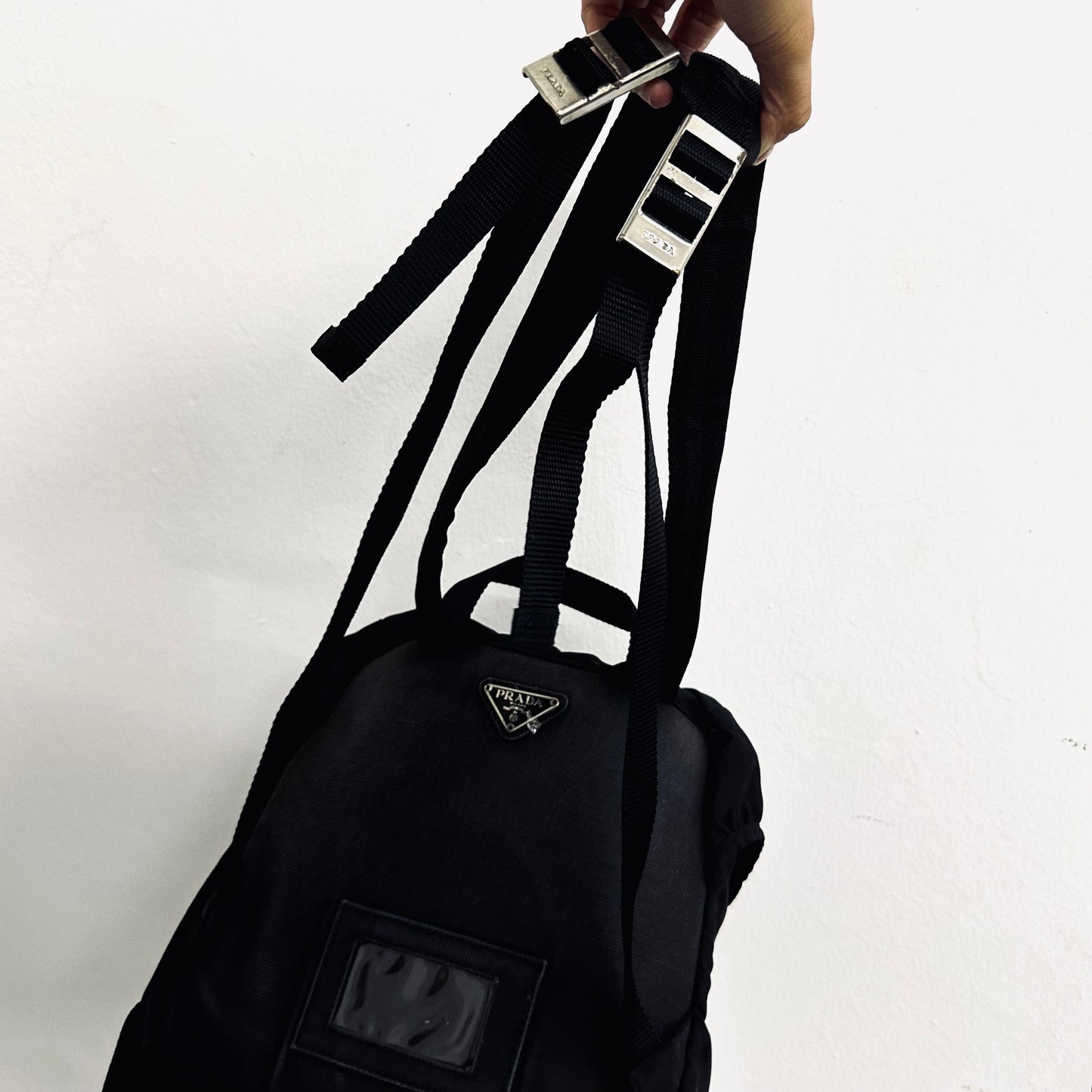 Prada Tessuto Black Classic Logo Nylon Flap Backpack Drawstring Bag