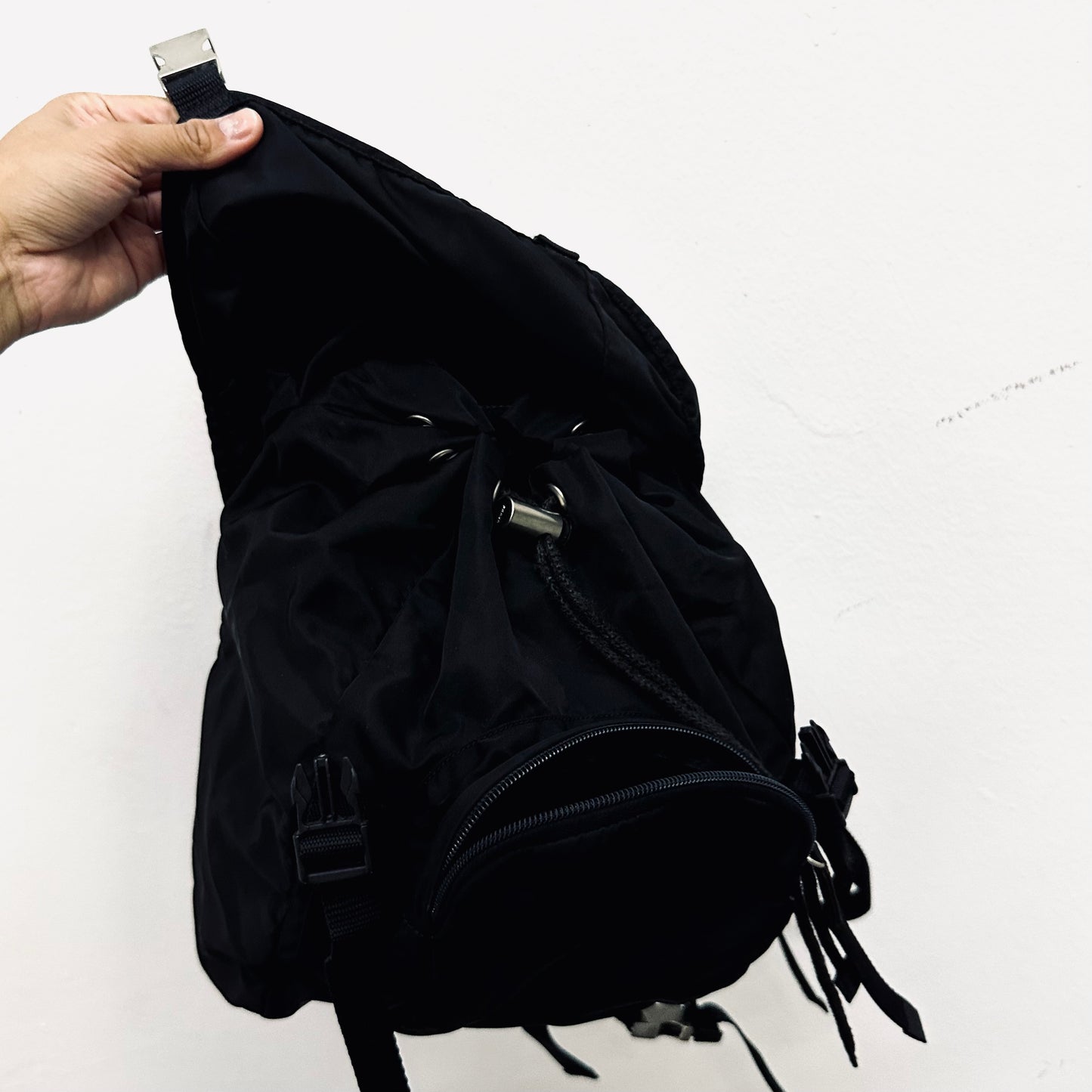 Prada Tessuto Black Classic Logo Nylon Flap Backpack Drawstring Bag