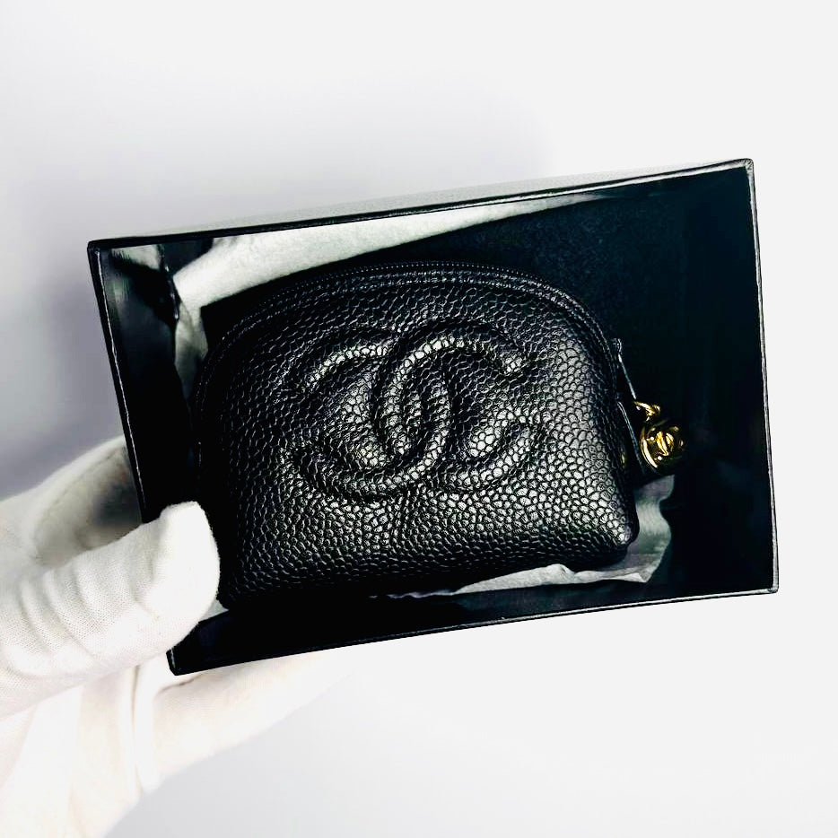 Chanel Black GHW Giant CC Logo Caviar Mini Zip Pouch Clutch Case