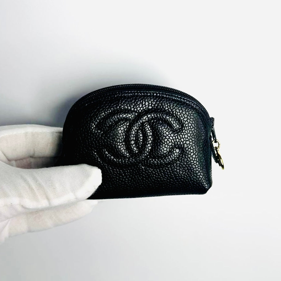 Chanel Black GHW Giant CC Logo Caviar Mini Zip Pouch Clutch Case