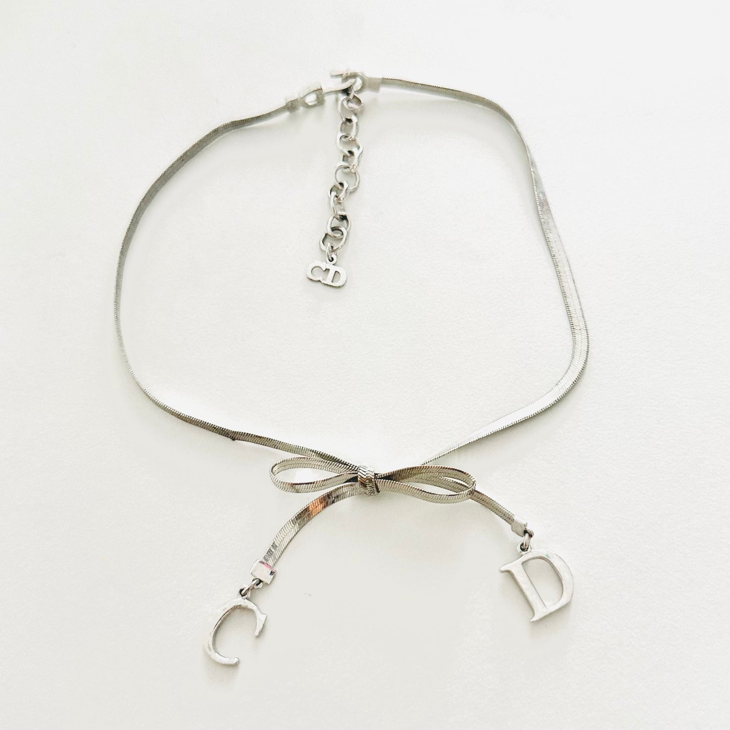 Christian Dior CD Ribbon Monogram Logo Charms Signature Classic Silver Chain Vintage Necklace