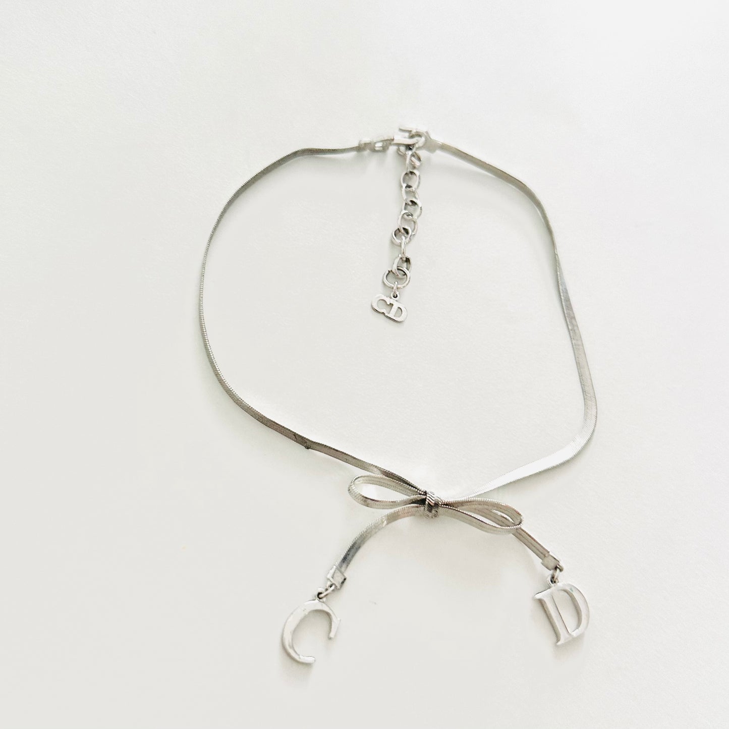 Christian Dior CD Ribbon Monogram Logo Charms Signature Classic Silver Chain Vintage Necklace