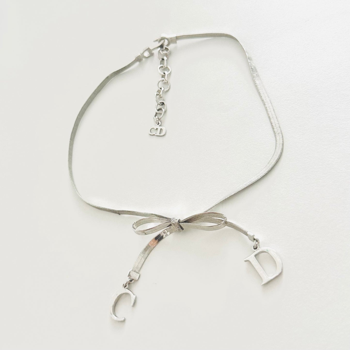 Christian Dior CD Ribbon Monogram Logo Charms Signature Classic Silver Chain Vintage Necklace