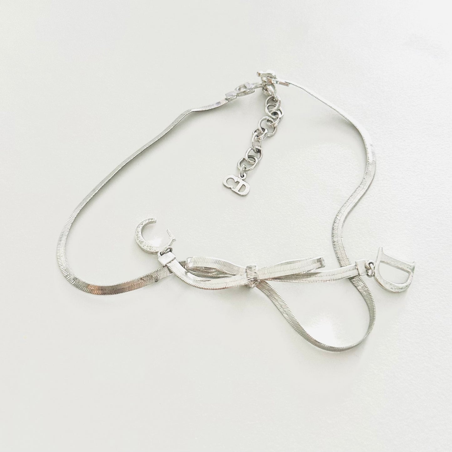 Christian Dior CD Ribbon Monogram Logo Charms Signature Classic Silver Chain Vintage Necklace