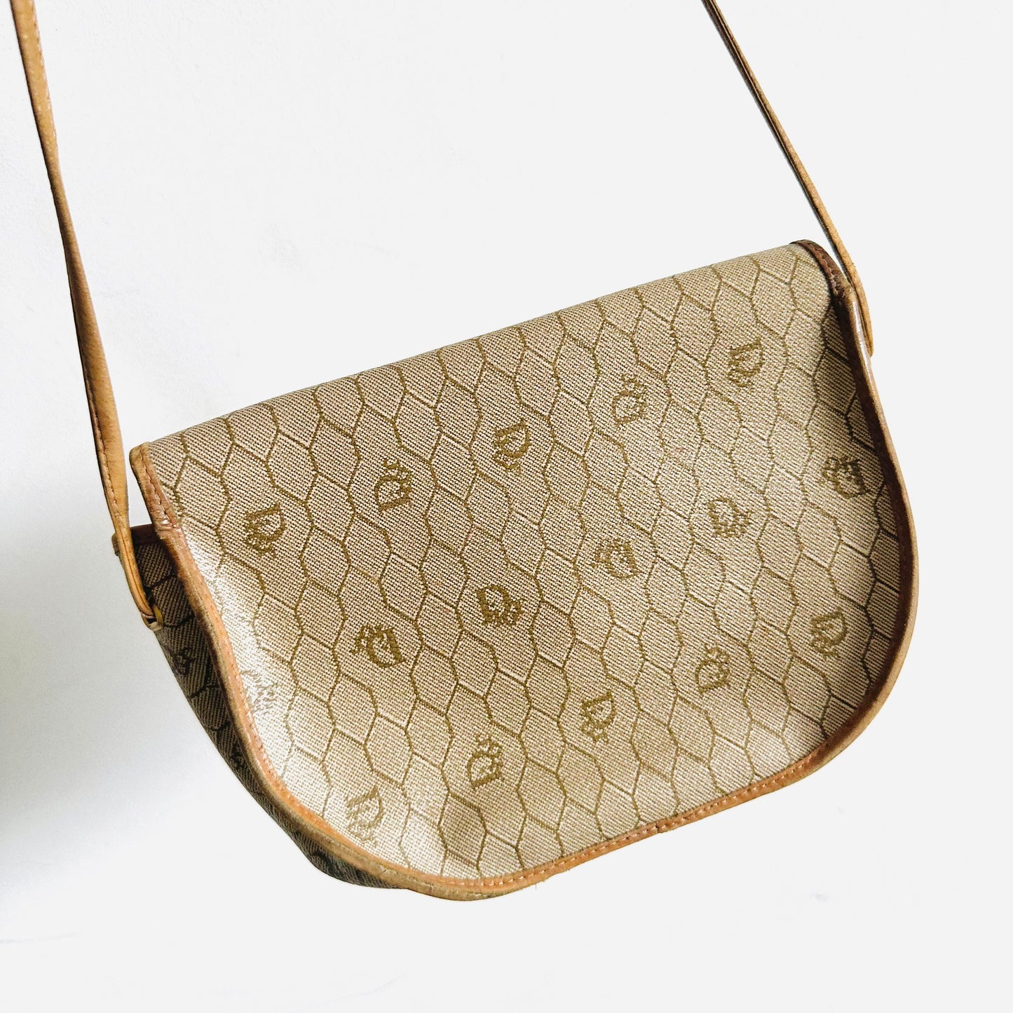 Christian Dior CD Beige Honeycomb Oblique Monogram Logo Vintage Flap Small Shoulder Sling Bag