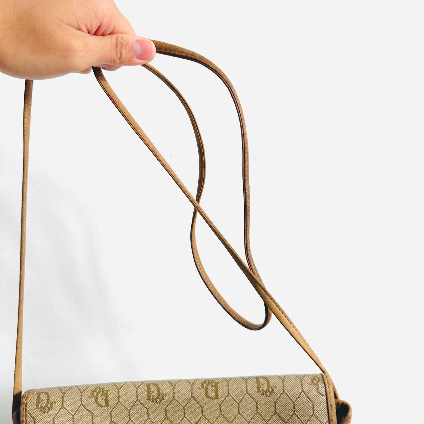 Christian Dior CD Beige Honeycomb Oblique Monogram Logo Vintage Flap Small Shoulder Sling Bag