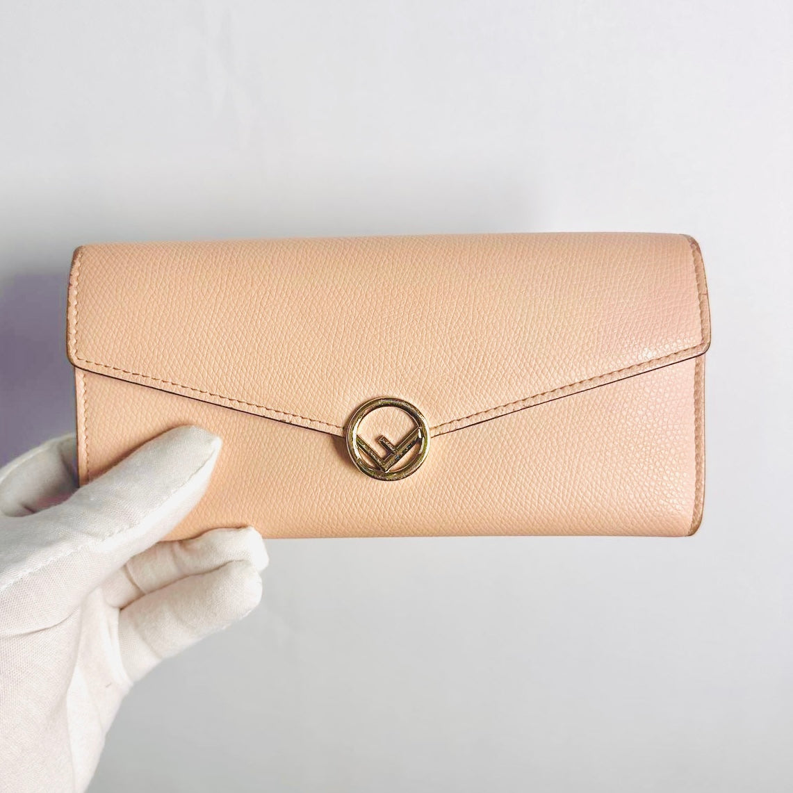 Fendi Blush Pink GHW Giant FF Monogram Logo F-Is Calfskin Leather Flap Long Wallet