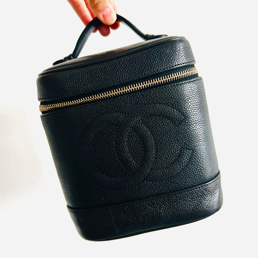 Chanel Black GHW Giant CC Monogram Logo Caviar Leather Vertical Tall Vanity Case Vintage Top Handle Bag