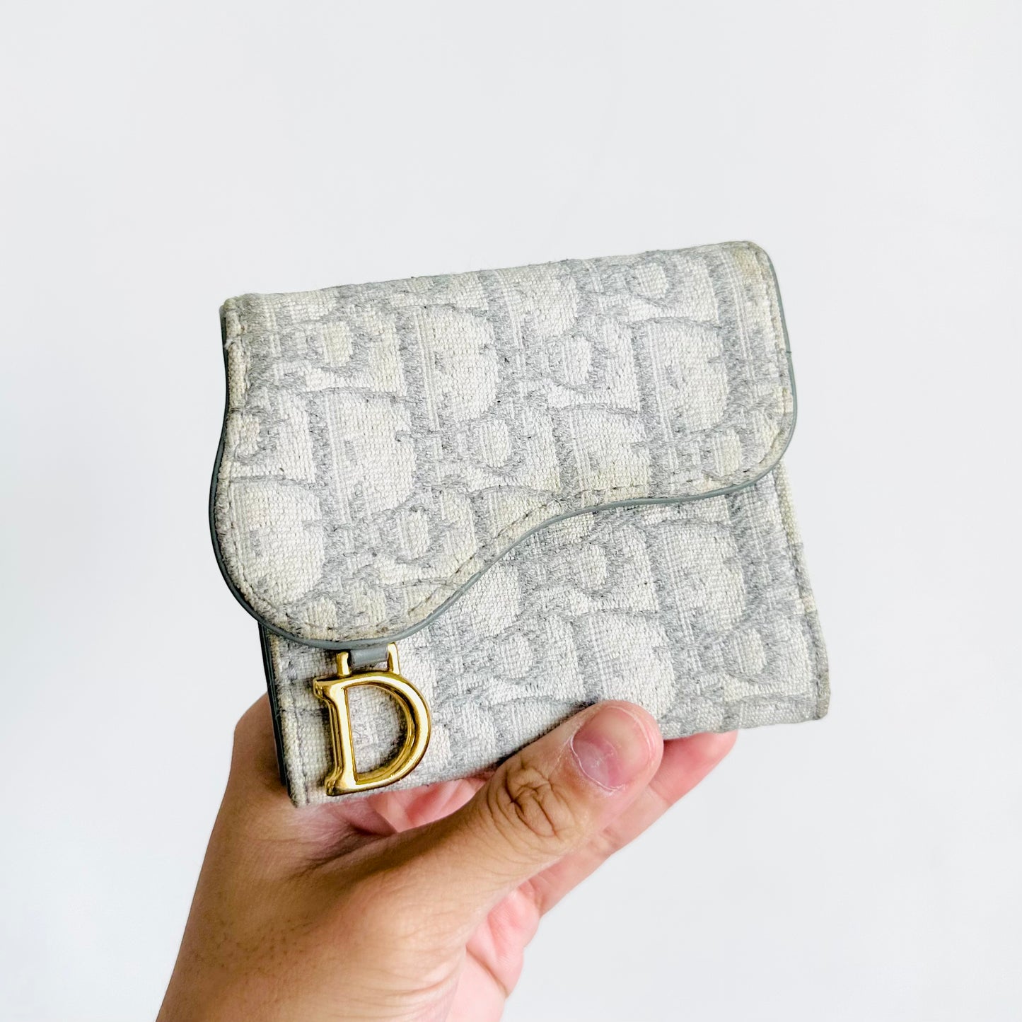 Christian Dior CD Saddle Grey GHW Oblique Monogram Logo Trifold Flap Compact Wallet