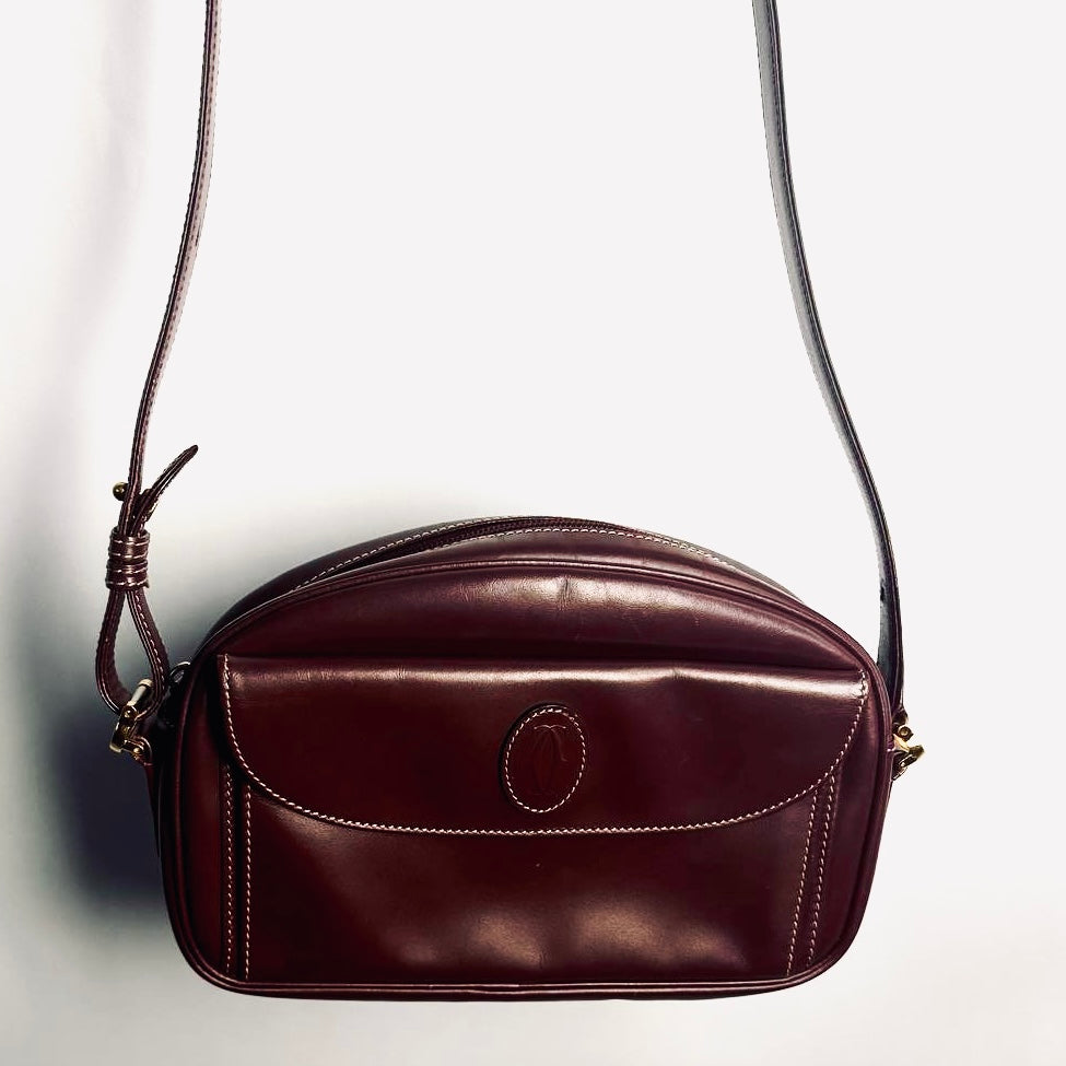 Cartier Must / Mast de Cartier Burgundy Red Maroon GHW Smooth Leather Flap Zip Shoulder Sling Bag