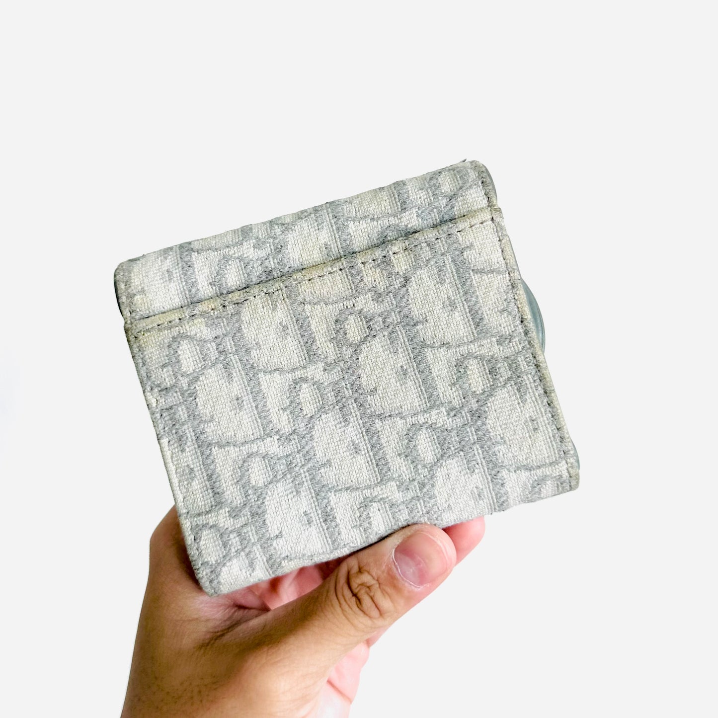Christian Dior CD Saddle Grey GHW Oblique Monogram Logo Trifold Flap Compact Wallet