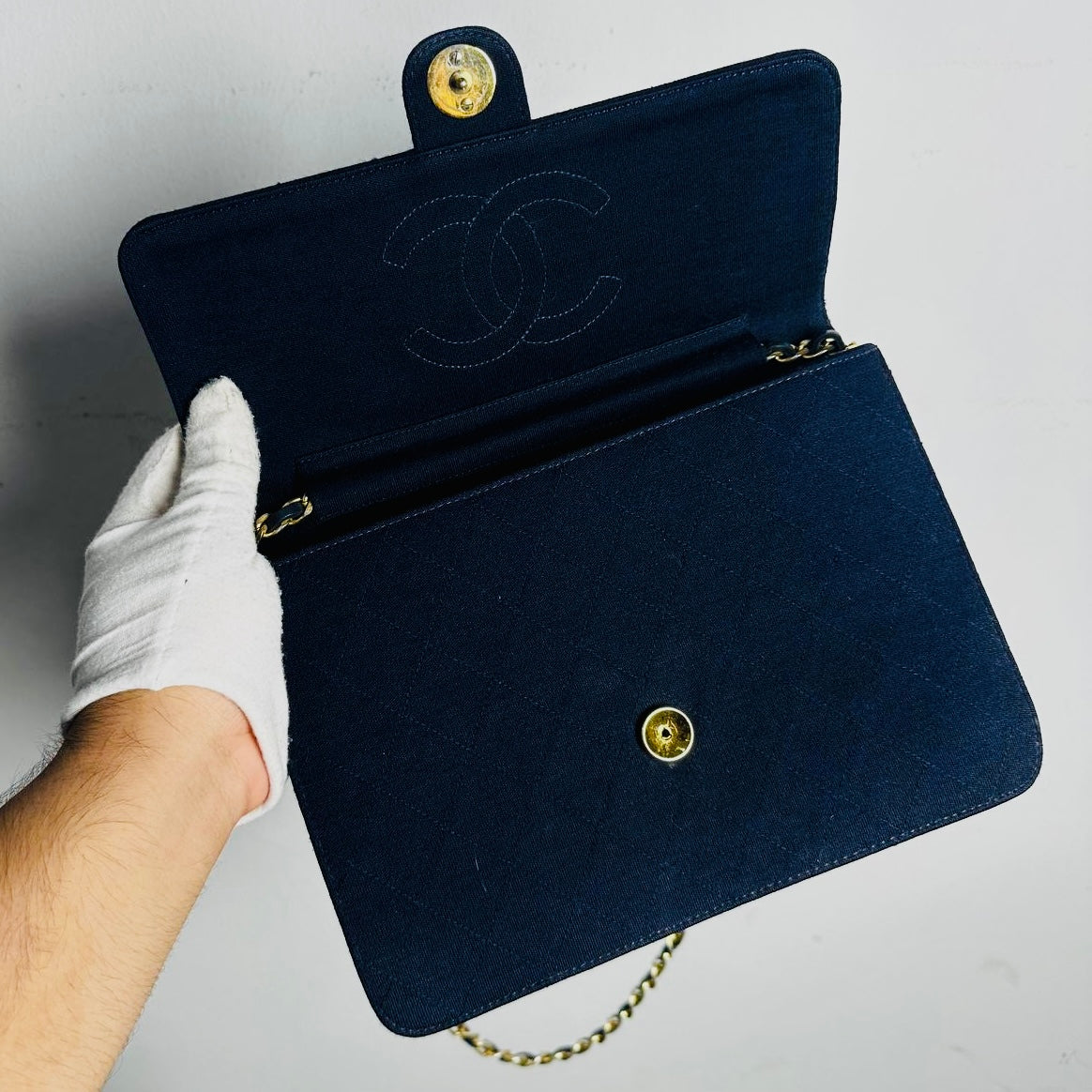 Chanel Navy Blue GHW Quilted Jersey Fabric CC Logo Vintage Small Square Flap Shoulder Sling Bag Pre Series