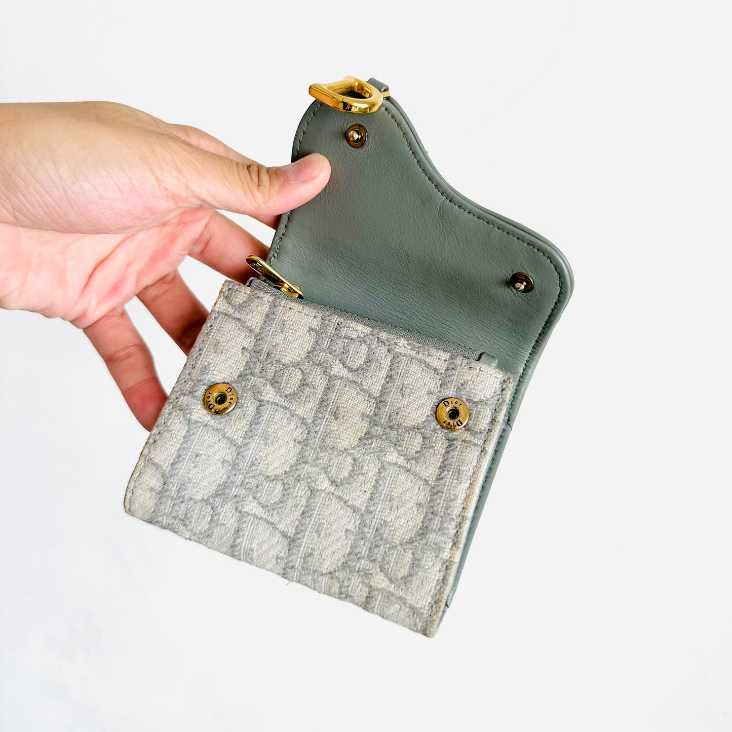 Christian Dior CD Saddle Grey GHW Oblique Monogram Logo Trifold Flap Compact Wallet