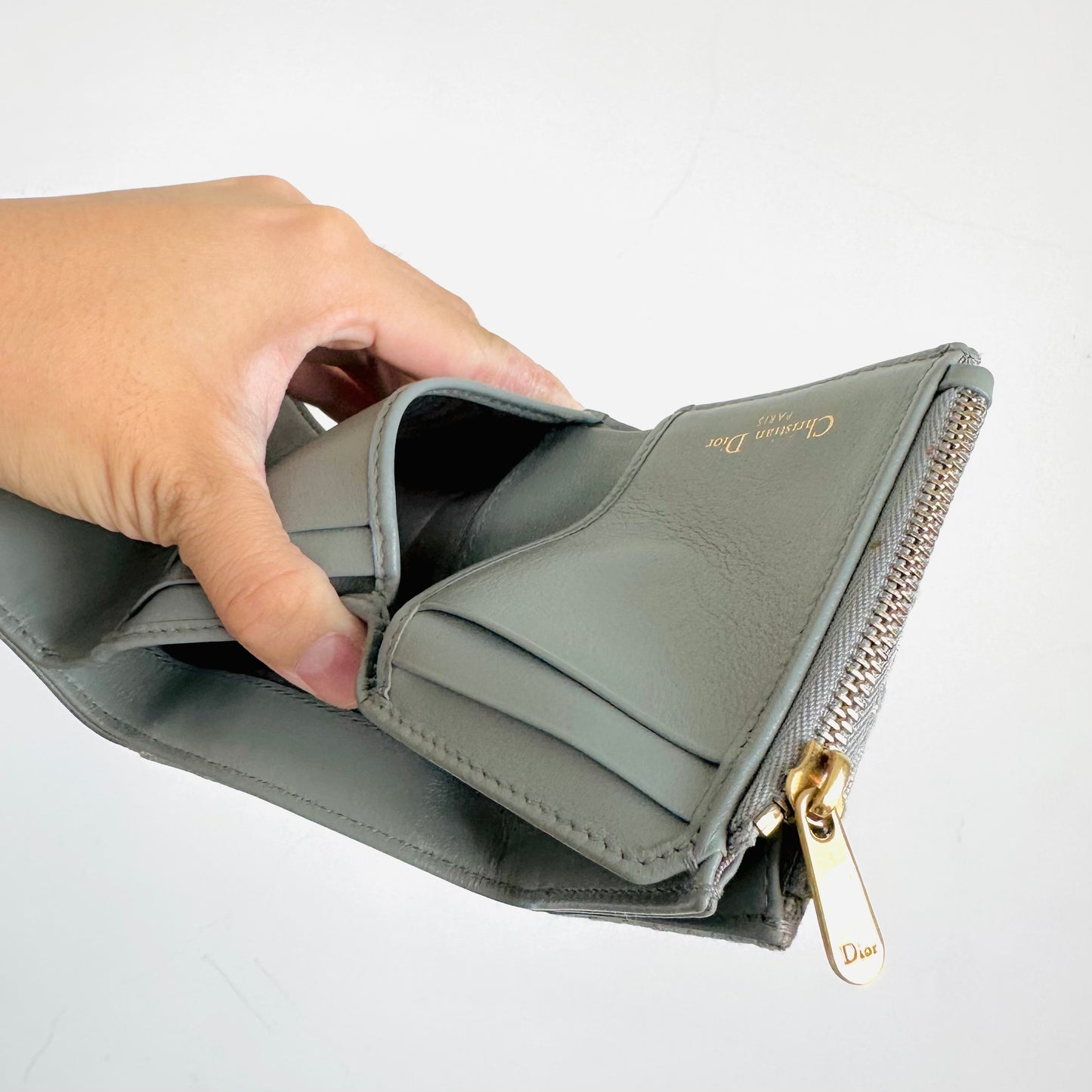 Christian Dior CD Saddle Grey GHW Oblique Monogram Logo Trifold Flap Compact Wallet