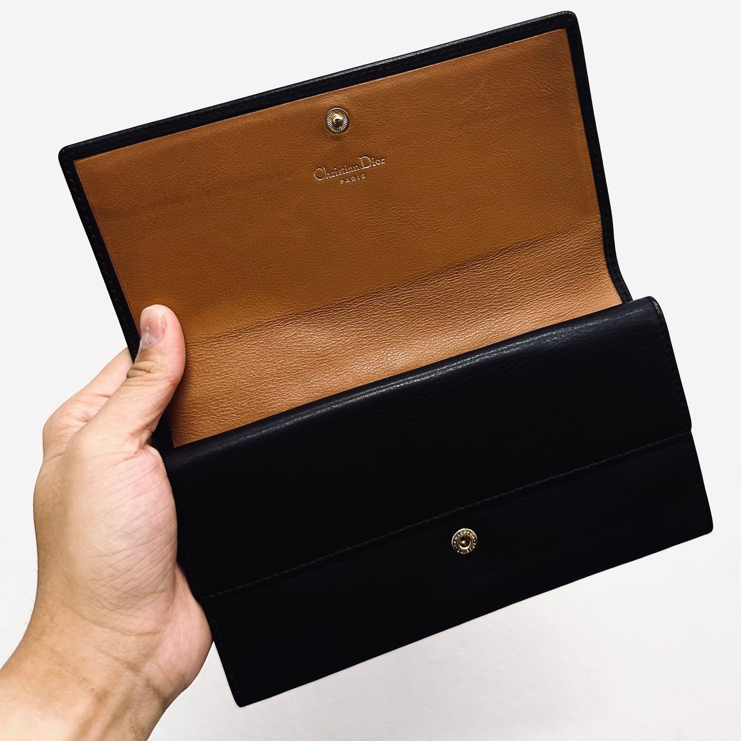 Christian Dior CD Dark Brown GHW Smooth Leather Giant Monogram Logo Flap Continental Long Wallet