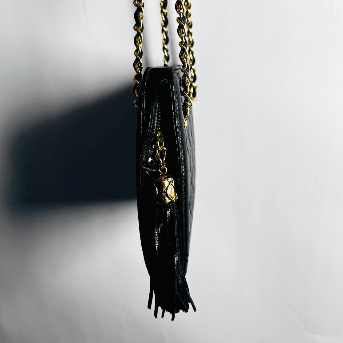 Chanel Black GHW Quilted Lambskin CC Logo Vintage Zip Shoulder Sling Bag 1s with Tassel Fringe