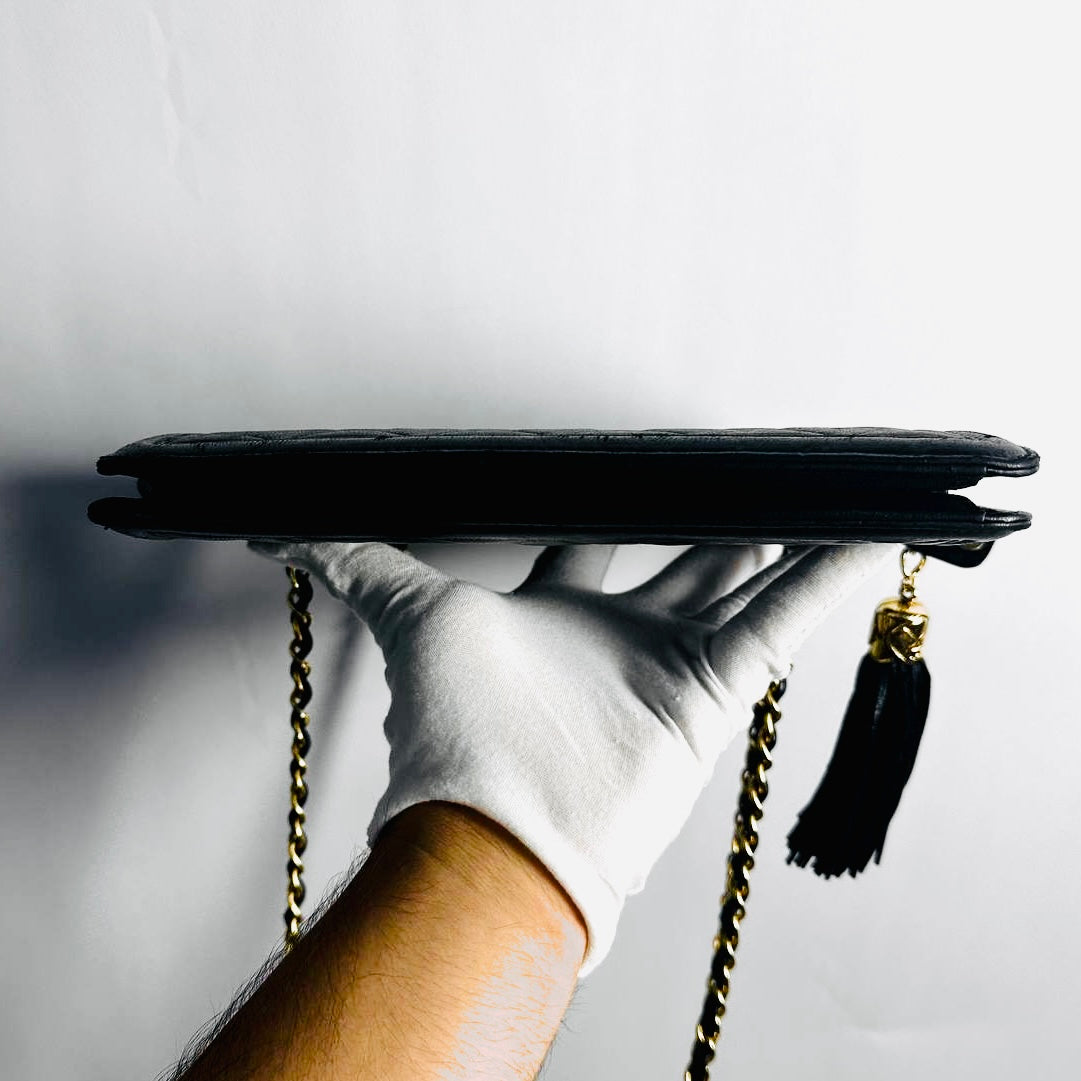 Chanel Black GHW Quilted Lambskin CC Logo Vintage Zip Shoulder Sling Bag 1s with Tassel Fringe