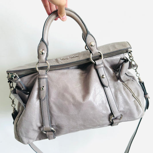 Miu Miu Grey Bow Vitello Lux Classic Logo 2-Way Shopper Shoulder Sling Tote Bag