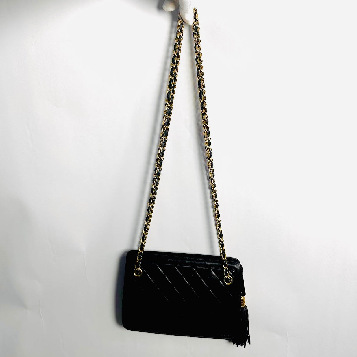 Chanel Black GHW Quilted Lambskin CC Logo Vintage Zip Shoulder Sling Bag 1s with Tassel Fringe