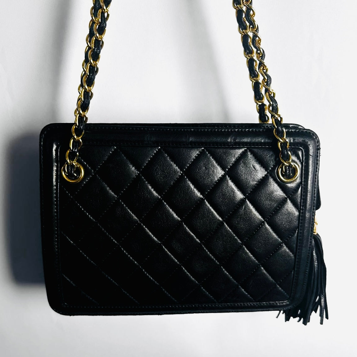 Chanel Black GHW Quilted Lambskin CC Logo Vintage Zip Shoulder Sling Bag 1s with Tassel Fringe
