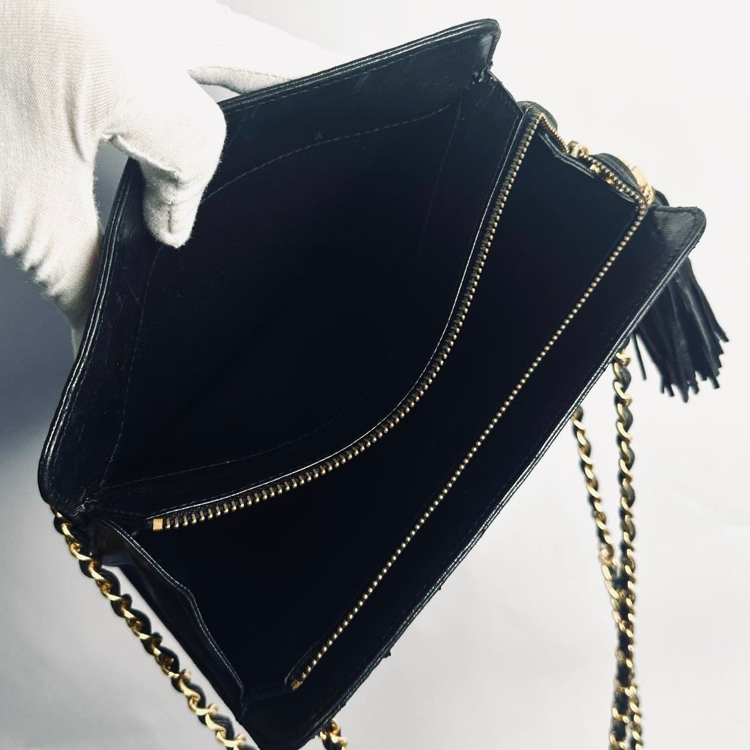 Chanel Black GHW Quilted Lambskin CC Logo Vintage Zip Shoulder Sling Bag 1s with Tassel Fringe