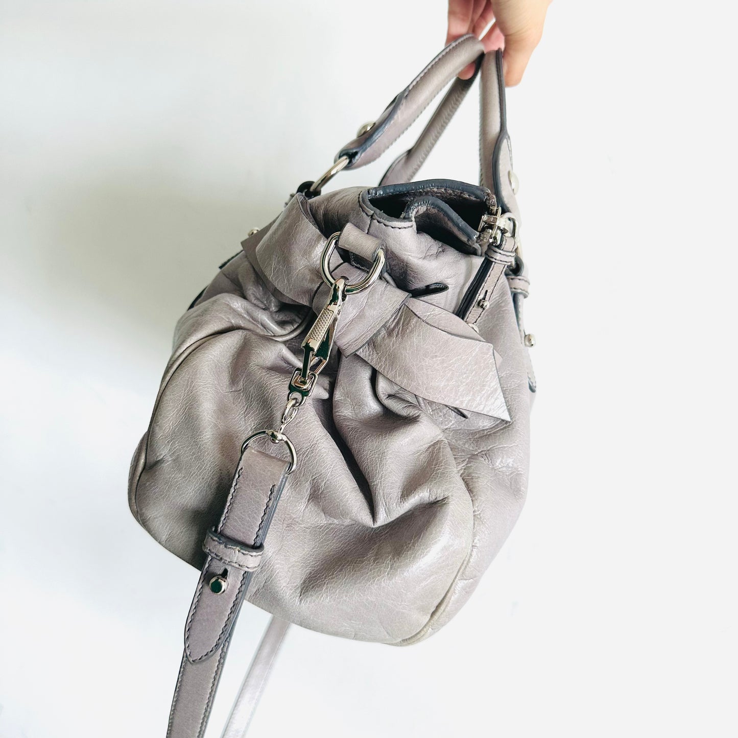 Miu Miu Grey Bow Vitello Lux Classic Logo 2-Way Shopper Shoulder Sling Tote Bag