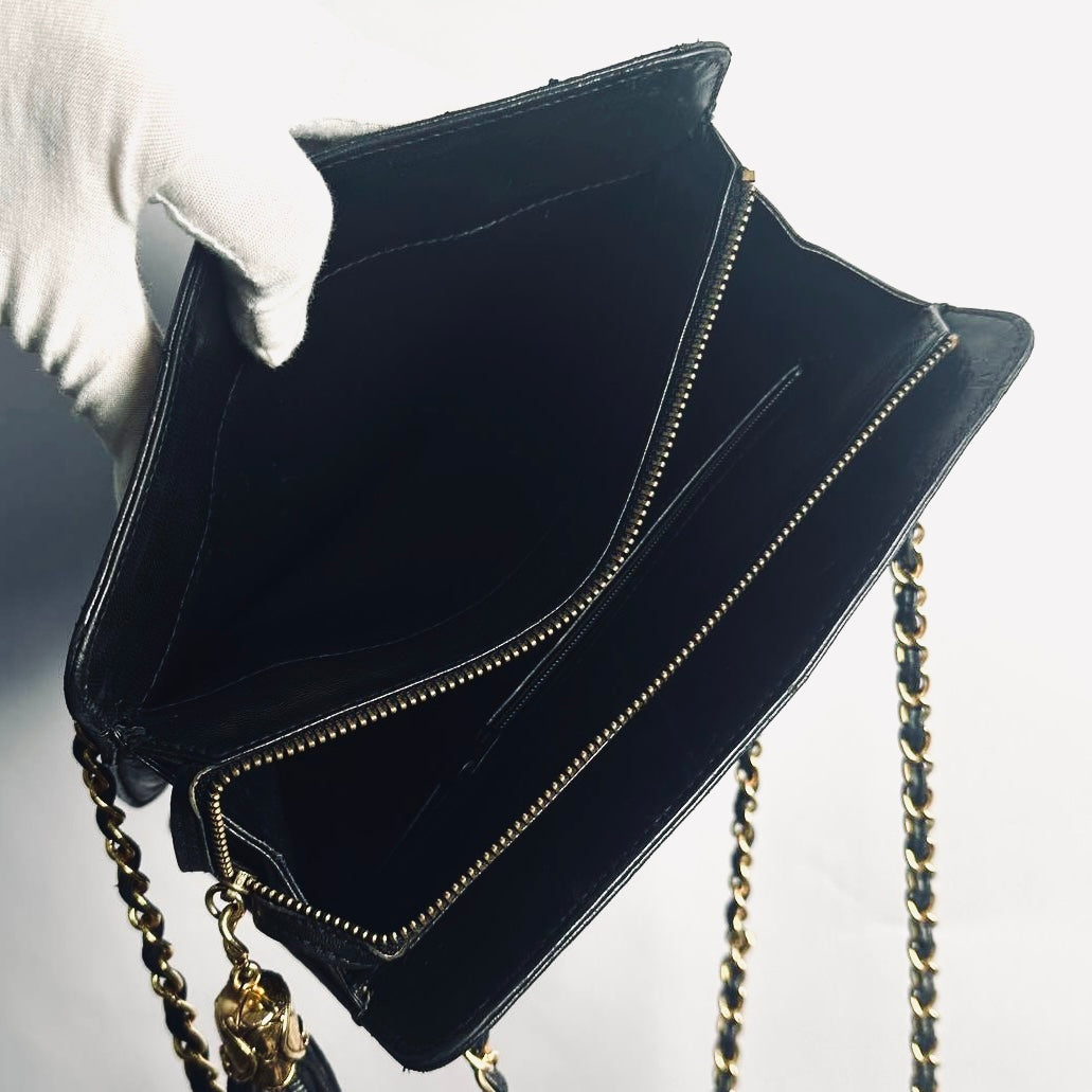 Chanel Black GHW Quilted Lambskin CC Logo Vintage Zip Shoulder Sling Bag 1s with Tassel Fringe