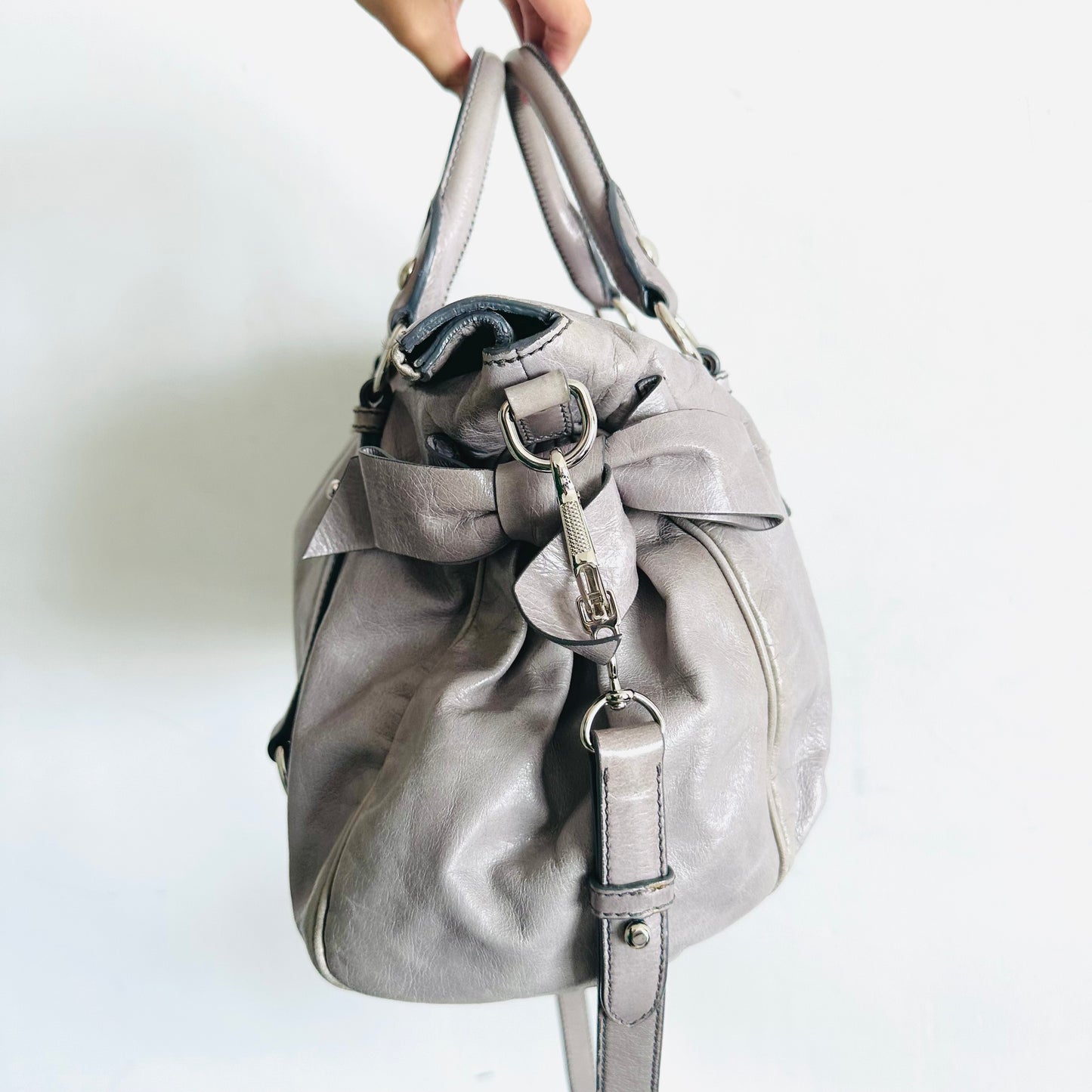 Miu Miu Grey Bow Vitello Lux Classic Logo 2-Way Shopper Shoulder Sling Tote Bag