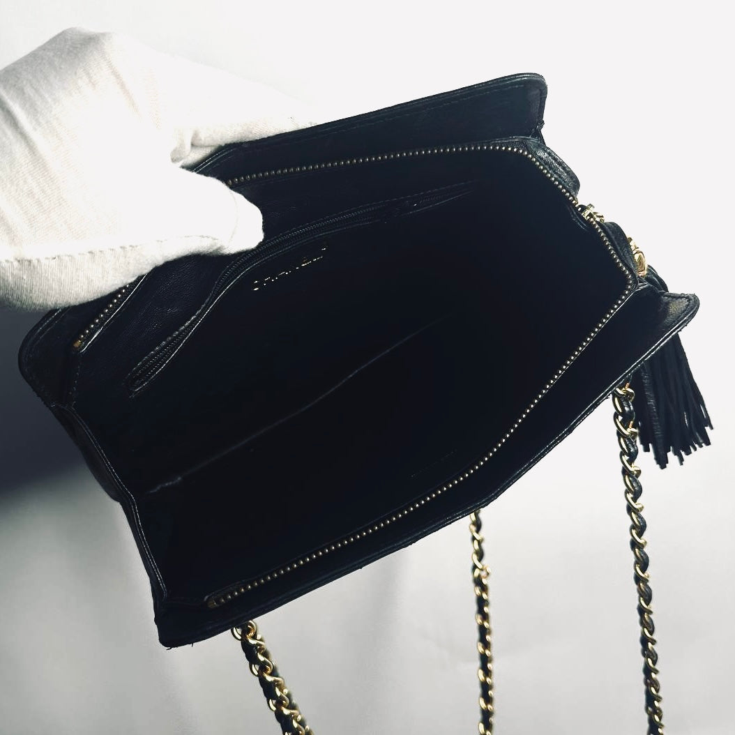 Chanel Black GHW Quilted Lambskin CC Logo Vintage Zip Shoulder Sling Bag 1s with Tassel Fringe