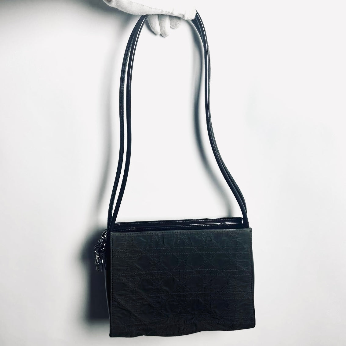 Christian Dior CD Dark Brown Lady Dior Charms Cannage Quilted Nylon Shoulder Sling Shopper Tote Bag