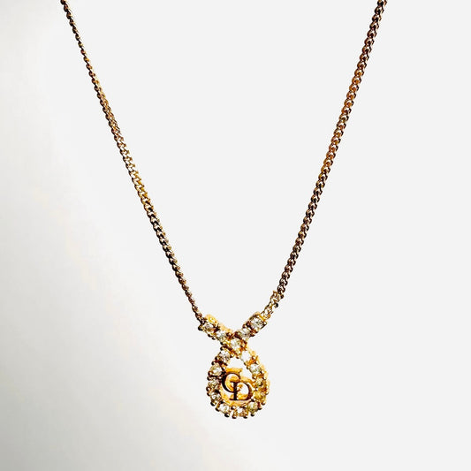 Christian Dior CD Teardrop Gold & Crystals Monogram Logo Signature Pendant Necklace