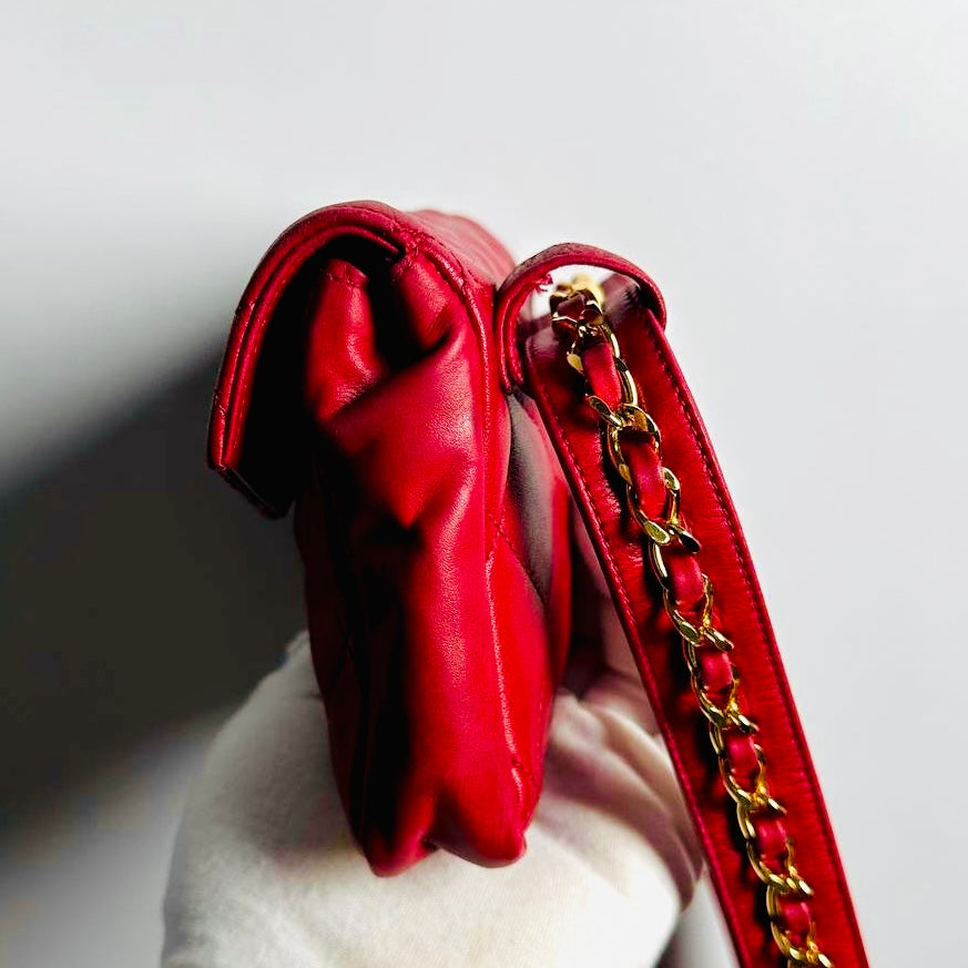 Chanel Cherry Red GHW Giant CC Logo Quilted Lambskin Turnlock 2-Way Vintage Belt Waist Shoulder Sling Bag Clutch Pouch